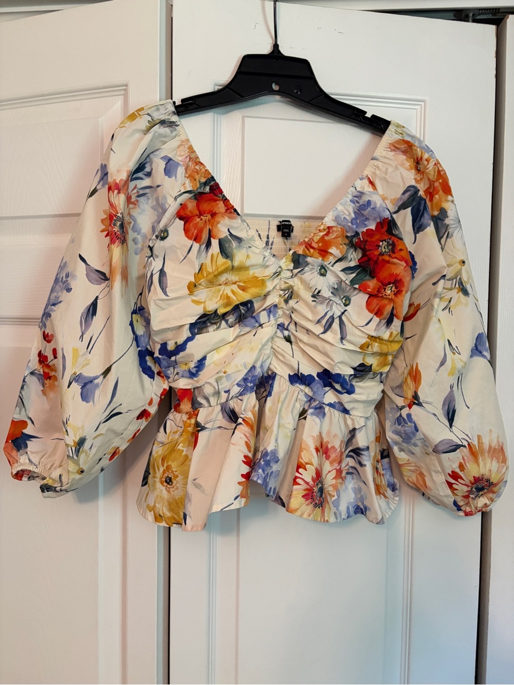 Express Floral Ruched V-Neck Peplum Blouse - Cream with Red, Yellow, Blue